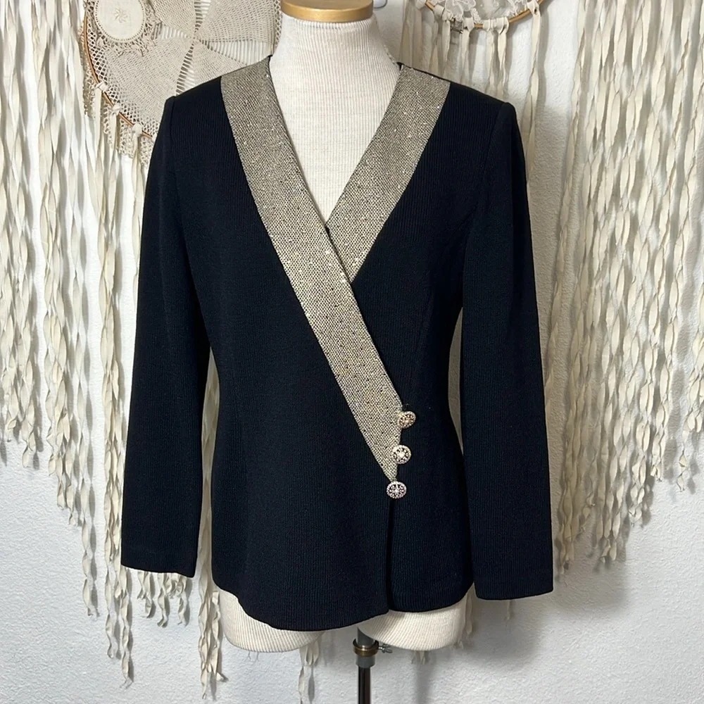 St. John Evening Santana Knit Crossover Blazer with Gold Lapel Accent Size 6